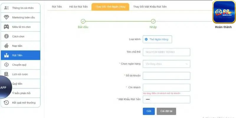 Vào mục rút tiền QH88 và liên kết tài khoản